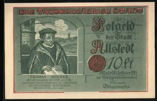 Notgeld Allstedt 1921, 10 Pfennig, Thomas Münzer, Baueraufstand an der Kapelle