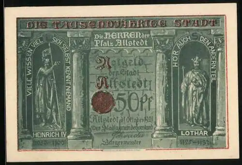 Notgeld Allstedt 1921, 50 Pfennig, Lothar und Heinrich IV., Wigbertikirche