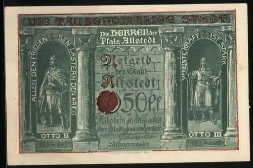 Notgeld Allstedt 1921, 50 Pfennig, Otto II. und Otto III., Ortsansicht