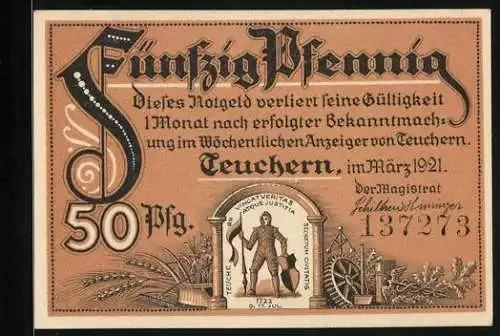 Notgeld Teuchern 1921, 50 Pfennig, Uhrgläserwerke Deutscher Uhrmacher