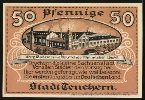 Notgeld Teuchern 1921, 50 Pfennig, Uhrgläserwerke Deutscher Uhrmacher