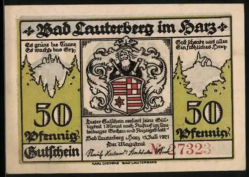 Notgeld Bad Lauterberg 1921, 50 Pfennig, Stadtwappen, Rathaus
