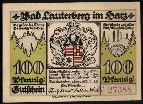 Notgeld Bad Lauterberg 1921, 1 Mark, Stadtwappen, Bismarckturm, Knollenturm