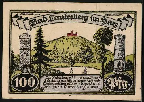 Notgeld Bad Lauterberg 1921, 1 Mark, Stadtwappen, Bismarckturm, Knollenturm