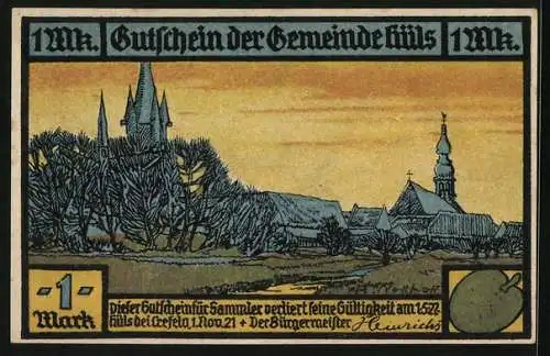 Notgeld Hüls / Krefeld 1921, 1 Mark, Pferd und Hund am Grab