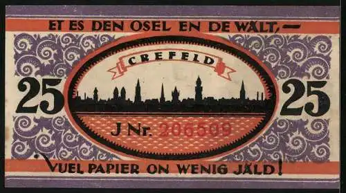 Notgeld Crefeld 1921, 25 Pfennig, Unterschrift Oberbürgermeister Johansen, Silhouette vom Ort