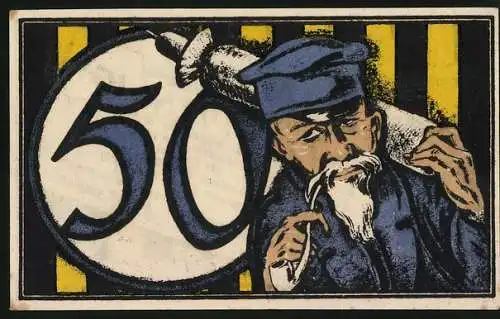 Notgeld Crefeld 1921, 50 Pfennig, Stadtwappen, Alter Mann mit Pfeife