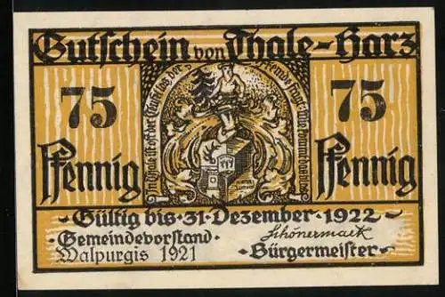 Notgeld Thale /Harz 1921, 75 Pfennig, Wilder Mann, Stadtwappen, Jäger