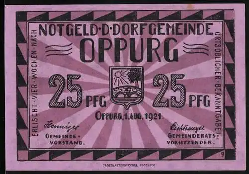 Notgeld Oppurg 1921, 25 Pfennig, Stadtwappen, alte Orlabrücke