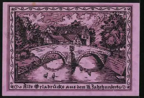 Notgeld Oppurg 1921, 25 Pfennig, Stadtwappen, alte Orlabrücke