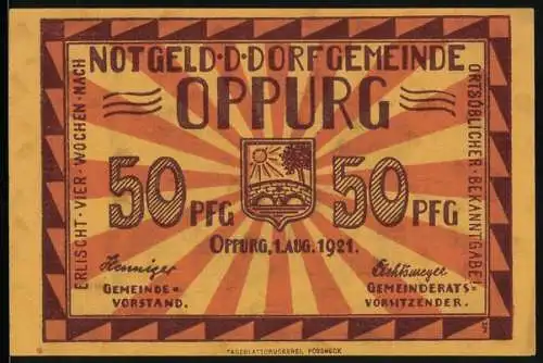 Notgeld Oppurg 1921, 50 Pfennig, Stadtwappen, Kirche