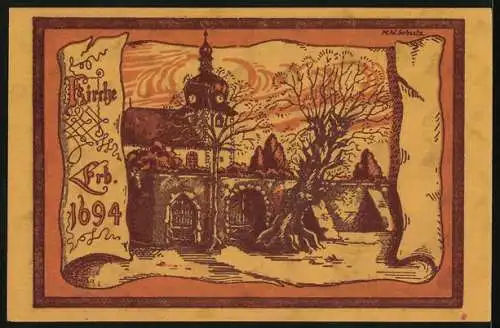 Notgeld Oppurg 1921, 50 Pfennig, Stadtwappen, Kirche