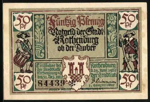 Notgeld Rothenburg ob der Tauber 1921, 50 Pfennig, Stadtwappen, Jäger