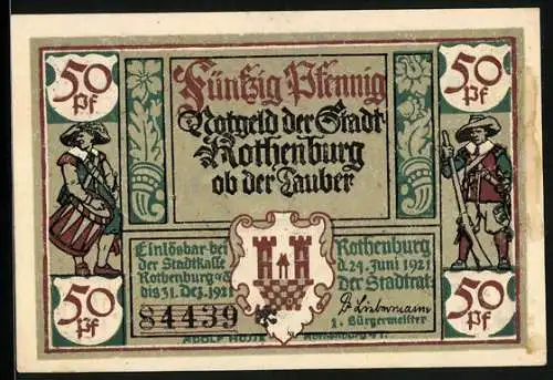 Notgeld Rothenburg ob der Tauber 1921, 50 Pfennig, Trommler, Jäger, Kellermeister