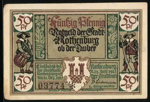Notgeld Rothenburg ob der Tauber 1921, 50 Pfennig, Jäger mit Gewehr, Alt-Bürgermeister