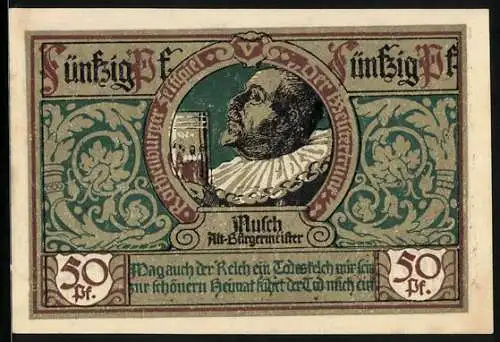 Notgeld Rothenburg ob der Tauber 1921, 50 Pfennig, Musch Alt-Bürgermeister, Jäger