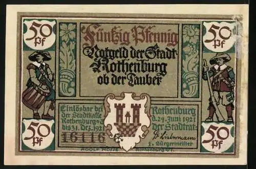 Notgeld Rothenburg ob der Tauber 1921, 50 Pfennig, Musch Alt-Bürgermeister, Jäger