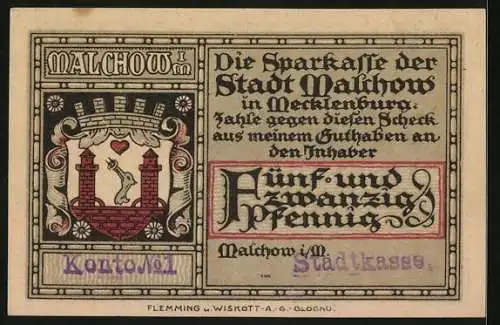 Notgeld Malchow i. M., 25 Pfennig, Ortsansicht, Stadtwappen