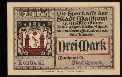 Notgeld Malchow i. M., 3 Mark, Stadtwappen, Landkarte
