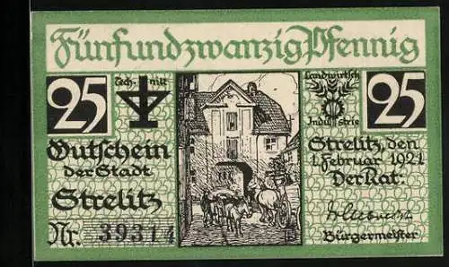 Notgeld Strelitz 1921, 25 Pfennig, Strassenpartie mit Torbogen