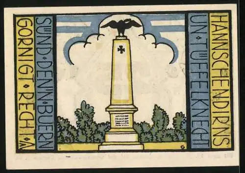 Notgeld Carlow 1921, 25 Pfennig, Männer blasen ein Horn, Denkmal