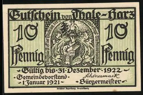 Notgeld Thale /Harz 1921, 10 Pfennig, Stadtwappen, Wilder Mann, Teufel