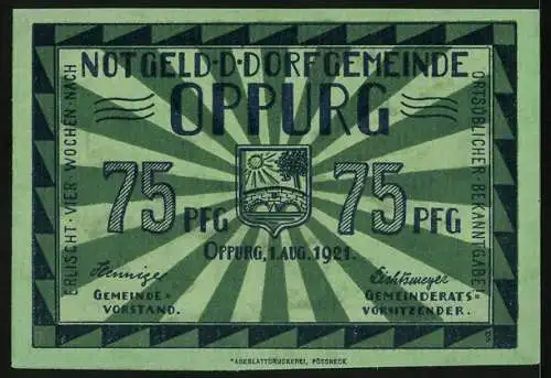 Notgeld Oppurg 1921, 75 Pfennig, Schlossturm aus dem 13. Jahrhundert