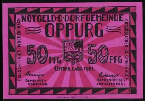 Notgeld Oppurg 1921, 50 Pfennig, Stadtwappen, Türkenhof