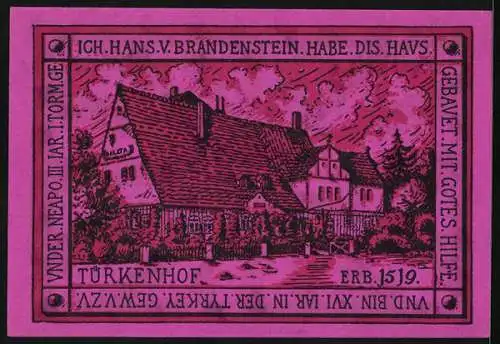 Notgeld Oppurg 1921, 50 Pfennig, Stadtwappen, Türkenhof