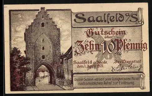 Notgeld Saalfeld a. S. 1921, 10 Pfennig, Saaltor, Ortsansicht mit Brücke