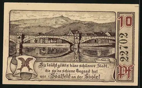 Notgeld Saalfeld a. S. 1921, 10 Pfennig, Saaltor, Ortsansicht mit Brücke