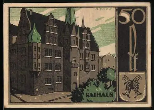 Notgeld Saalfeld /Saale 1921, 50 Pfennig, Rathaus, Stadtwappen