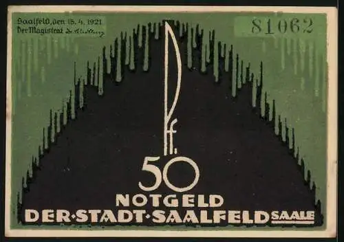 Notgeld Saalfeld /Saale 1921, 50 Pfennig, Rathaus, Stadtwappen