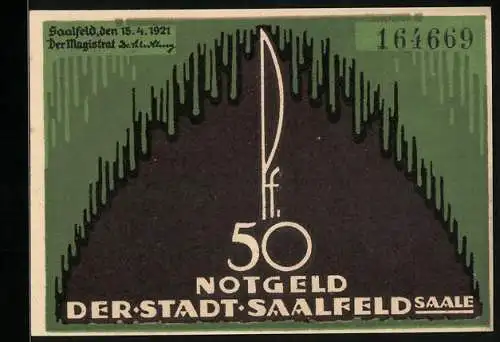 Notgeld Saalfeld /Saale 1921, 50 Pfennig, Am Rathaus