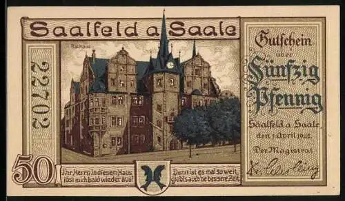 Notgeld Saalfeld /Saale 1921, 50 Pfennig, Rathaus, Stadtwappen, Steuerschraube Pressekraft