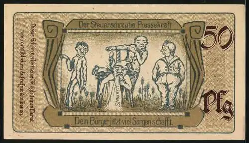 Notgeld Saalfeld /Saale 1921, 50 Pfennig, Rathaus, Stadtwappen, Steuerschraube Pressekraft