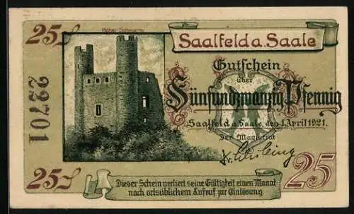 Notgeld Saalfeld /Saale 1921, 25 Pfennig, Hoher Schwarm, Kitzerstein