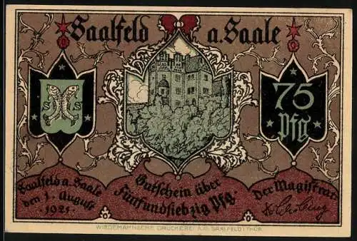 Notgeld Saalfeld /Saale 1921, 75 Pfennig, Burgansicht, Handelsverkehr über die alte Saalbrücke