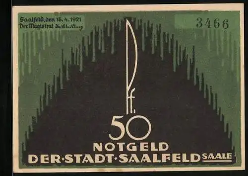 Notgeld Saalfeld /Saale 1921, 50 Pfennig, Vorderansicht vom Rathaus