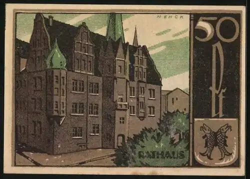 Notgeld Saalfeld /Saale 1921, 50 Pfennig, Vorderansicht vom Rathaus