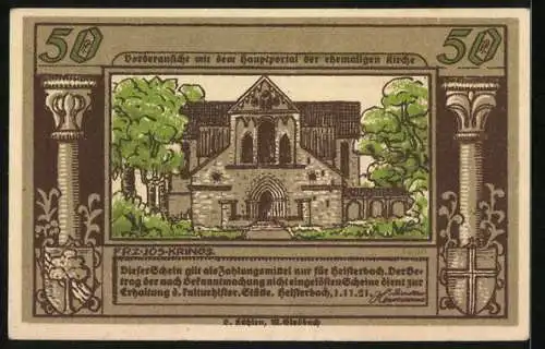 Notgeld Heisterbach 1921, 50 Pfennig, S. Benedictus, Hauptportal der ehemaligen Kirche