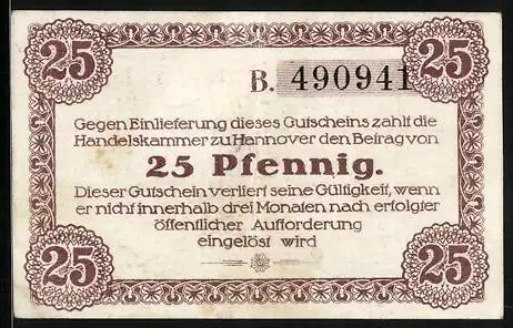 Notgeld Hannover 1917, 25 Pfennig, Unterschrift der Handelskammer