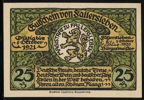 Notgeld Fallersleben 1920, 25 Pfennig, Hoffmann von Fallersleben, Ortspartie