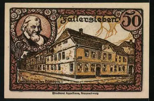 Notgeld Fallersleben 1920, 50 Pfennig, Geburtshaus des Dichters Hoffmann von Fallersleben