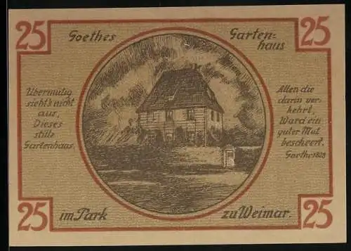 Notgeld Weimar / Thüringen 1921, 25 Pfennig, Goethes Gartenhaus im Park