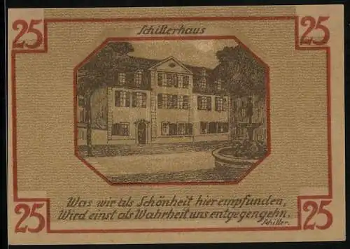 Notgeld Weimar / Thüringen 1921, 25 Pfennig, Schillerhaus, Goethe