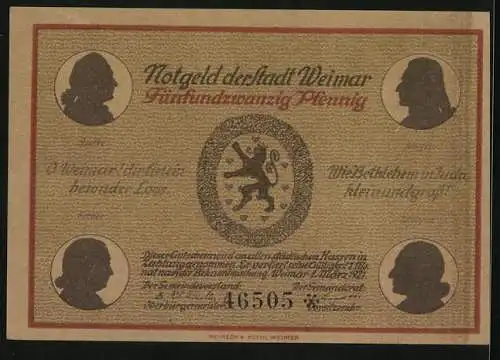 Notgeld Weimar / Thüringen 1921, 25 Pfennig, Schillerhaus, Goethe