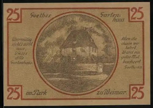 Notgeld Weimar / Thüringen 1921, 25 Pfennig, Goethes Gartenhaus, Goethe und Schiller im Profil