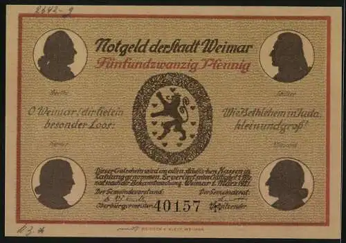 Notgeld Weimar / Thüringen 1921, 25 Pfennig, Goethes Gartenhaus, Goethe und Schiller im Profil