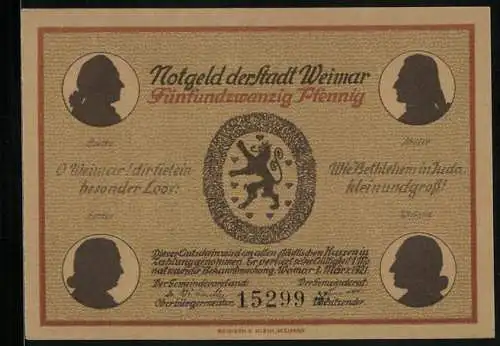 Notgeld Weimar / Thüringen 1921, 25 Pfennig, Goethe und Schiller, Altes Theater